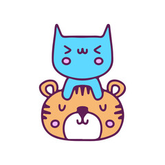 Cute cat and tiger mascot, illustration for t-shirt, sticker, or apparel merchandise. With doodle, retro, and cartoon style.