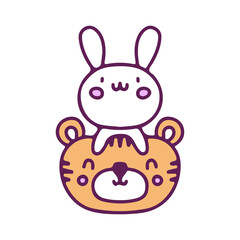 Kawaii bunny and tiger mascot, illustration for t-shirt, sticker, or apparel merchandise. With doodle, retro, and cartoon style.