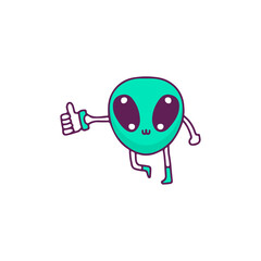 Fototapeta premium Kawaii alien mascot holding like button, illustration for t-shirt, sticker, or apparel merchandise. With doodle, retro, and cartoon style.
