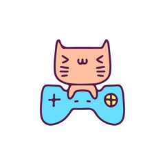 Kawaii cat with joystick, illustration for t-shirt, sticker, or apparel merchandise. With doodle, retro, and cartoon style.