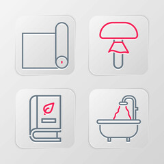 Set line Bathtub, Medical book, Mushroom and Fitness mat roll icon. Vector