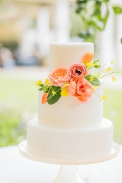 Vertical Shot Of A White Wedding Cake Decorated With Flowers Isolated On A Blurred Background