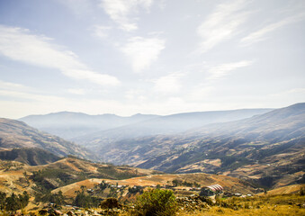 
nearby bush with forest, mountains and cloudy sky in background
