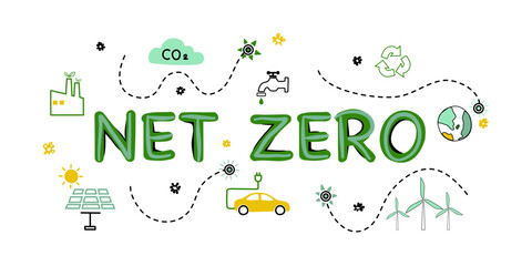 Net zero and carbon neutral concept. Net zero greenhouse gas emissions target. Climate neutral long term strategy with green net zero icon and green icon on green circles doodle background.	
