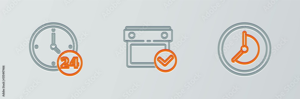 Aufkleber set line clock, 24 hours and calendar with check mark icon. vector