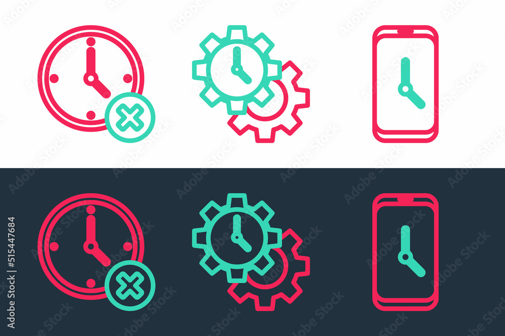 Poster set line alarm clock app mobile, clock delete and time management icon. vector