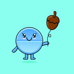 Cute cartoon pill medicine floating with acorn balloon cartoon vector illustration
