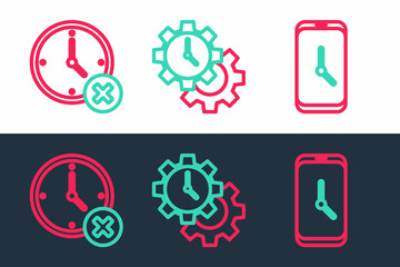 Set line Alarm clock app mobile, Clock delete and Time Management icon. Vector