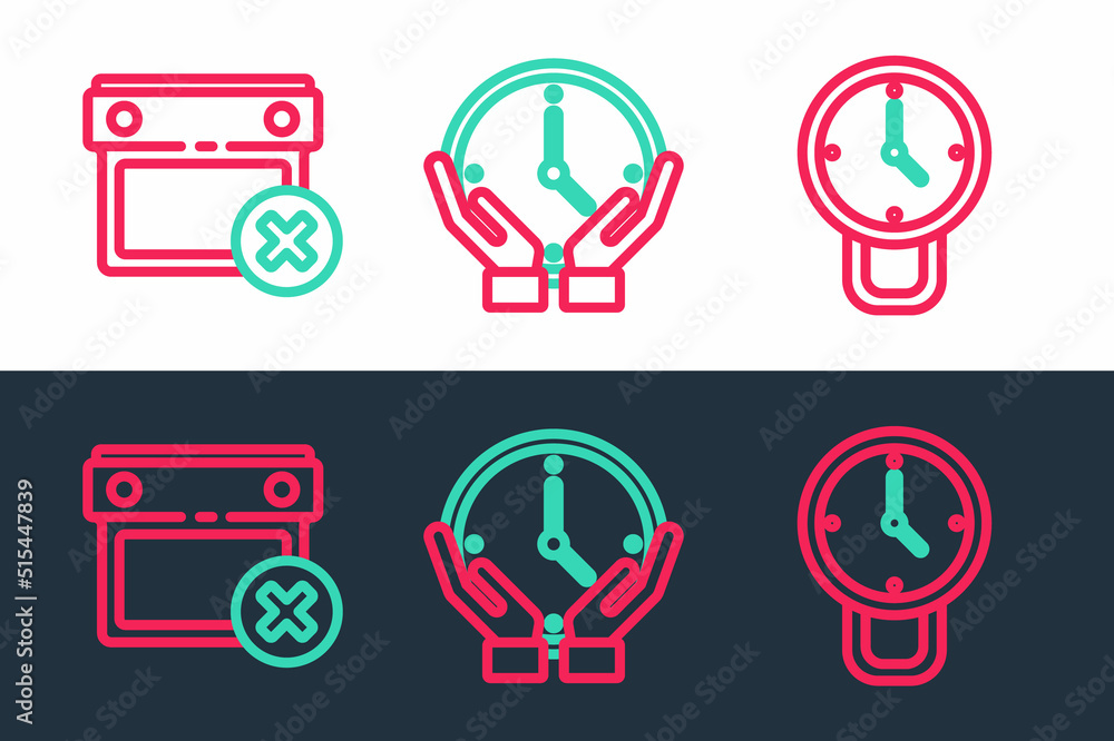 Poster set line clock, calendar date delete and icon. vector