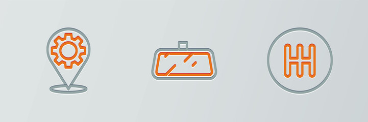 Set line Gear shifter, Car service and mirror icon. Vector