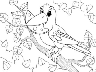 Crow holds cheese in its beak. Background trees and foliage. Children coloring book.