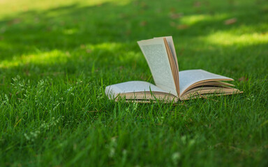 Close-up open book on the green grass. Knowledge, learn, leisure, literature, concept. Healthy natural lifestyle