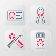 Set line Painkiller tablet, Dental inspection mirror, pliers and card icon. Vector