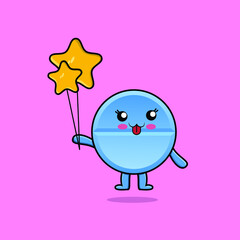 Cute cartoon pill medicine floating with star balloon cartoon vector illustration  