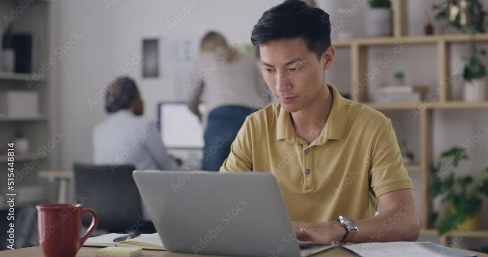 Poster young business man browsing online and working on report at work. creative designer planning and bra