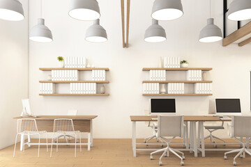 Nordic office room with hanging lamp and wood desk, white wall and wood floor. 3d rendering