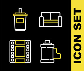 Set line Cinema chair, Camera film roll cartridge, Play Video and Paper glass with water icon. Vector