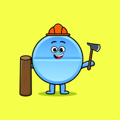 Cute cartoon pill medicine as carpenter character with ax and wood in flat modern style design