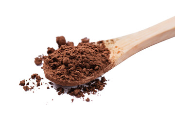 Heap of cocoa powder in a wooden spoon isolated on white background. Cocoa powder for your design.