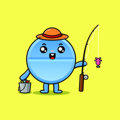 Cute cartoon pill medicine ready fishing wearing fishing equipment cartoon character in concept flat cartoon style