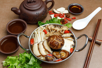 Vegan Bak kut teh or mixed mushroom in herb soup in Chinese style.