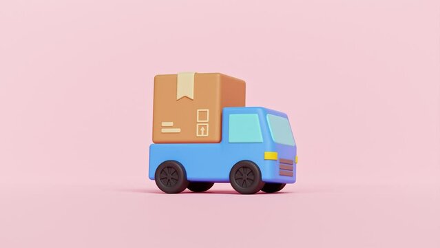 3d delivery truck with package box isolated 4k animation. minimal online delivery service concept.