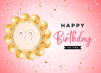 Happy 90th birthday with gold balloon and confetti isolated on soft pink background. Premium design for birthday celebrations, birthday card, greetings card, poster, banner, ceremony.