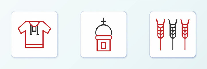 Set line Wheat, Embroidered shirt and Church tower icon. Vector