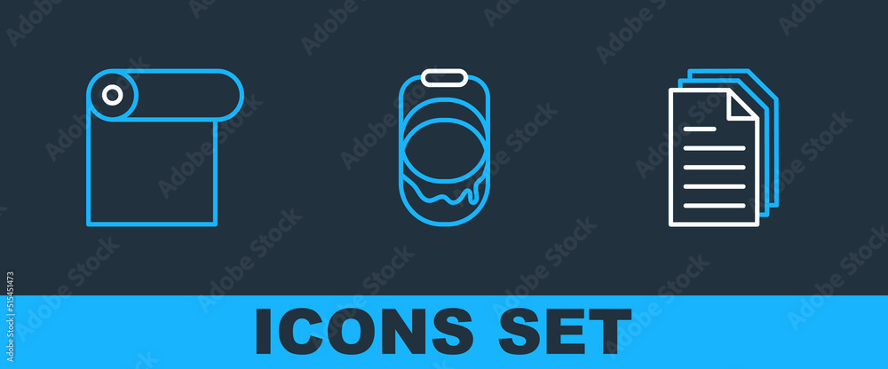 Poster set line file document, roll of paper and paint bucket icon. vector