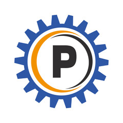 Letter P Gear Logo Design Template. Automotive Gear Logo for Business and Industrial Identity
