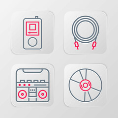 Set line CD or DVD disk, Home stereo with speakers, Audio jack and Music player icon. Vector