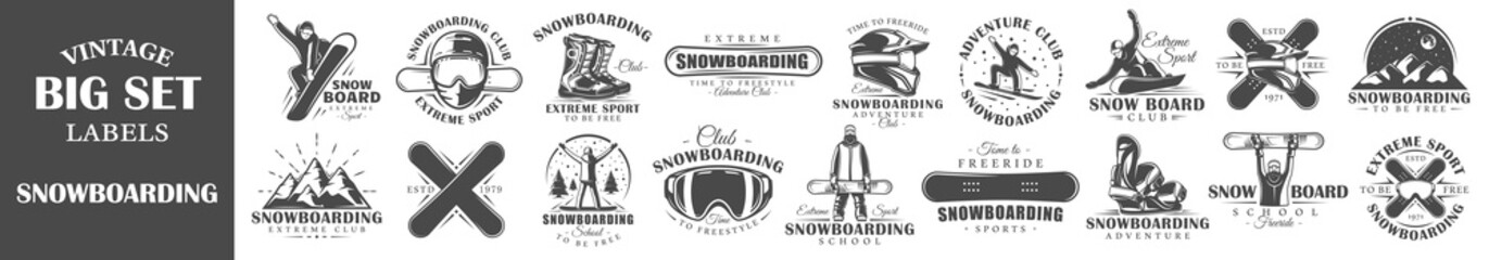 Set of vintage snowboarding labels. Templates for the design of logos and emblems. Collection of snowboarding symbols: board, mountain, mask. Vector illustration - obrazy, fototapety, plakaty