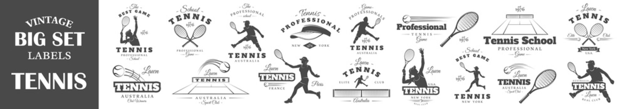 Set of vintage tennis labels. Posters, stamps, banners and design elements. Vector illustration