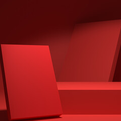 Cosmetic display podium on red background.