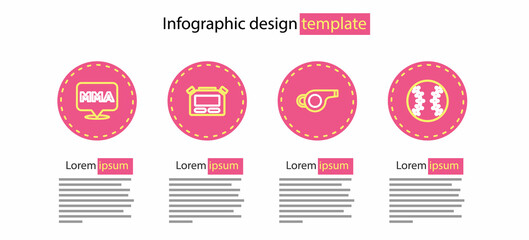 Set line Whistle, Baseball ball, Stopwatch and Fight club MMA icon. Vector