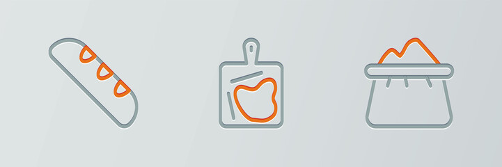 Set line Bag of flour, French baguette bread and Cutting board icon. Vector