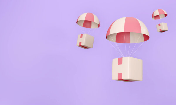 3D renders fast express delivery concept illustrations. The parcel box was delivered quickly by balloon. Means fast and free delivery of products. from the seller to the customer with smart shipping.