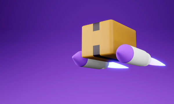3D renders fast express delivery concept illustrations. The parcel box was delivered quickly by rocket. 
Means fast delivery of products. from the seller to the customer.