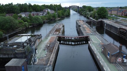 Aerial view of Latchford Locks on the Manchester ship canal at daytime