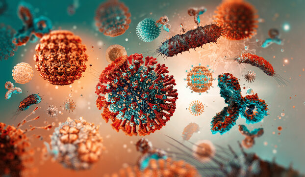 Virus, bacteria, fungi medical 3D. Coronavirus disease epidemic strains. Omicron, rhinovirus, HPV infection, monkeypox, HIV, adenovirus, influenza, rabies, illness virus cells, antibody, bacteriophage