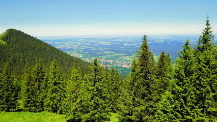 weiter Blick vom Aussichtsberg Hörnle auf Bad Kohlgrub mit Wald und grünen Wiesen unter blauem Himmel © globetrotter1
