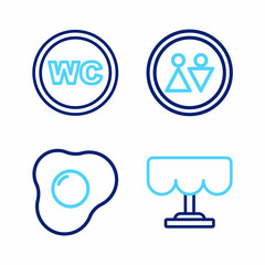 Set line Wooden table, Scrambled eggs, Toilet and icon. Vector