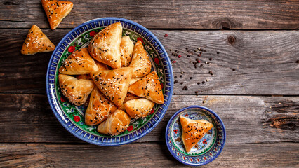 Traditional Indian cuisine samosas baked pastry with savoury filling, popular Indian snacks with...