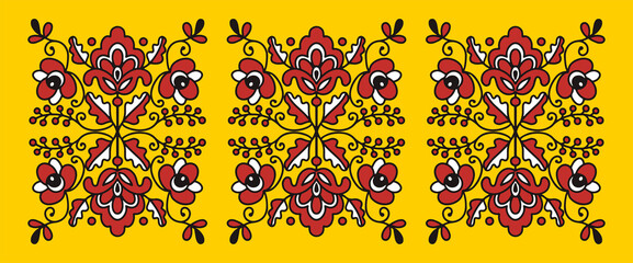 Ukrainian folk floral ornament with red and black flowers on yellow background. Ethnic ornament based on national colors and embroidery tradition. Can be used for decoration and paper print design