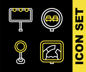 Set line No overtaking road traffic, Drawbridge ahead, Road sign and Billboard with lights icon. Vector