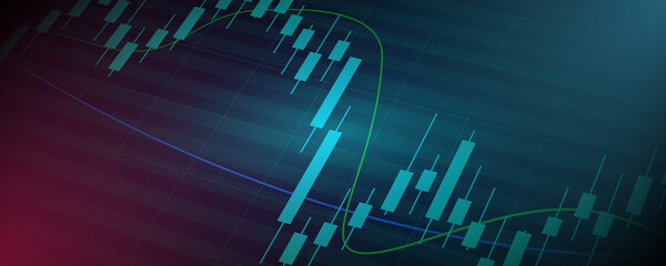 Widescreen Financial graph with abstract trend line chart in stock market on neon color background