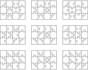 Illustration of nine different white puzzles, separate pieces	