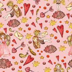 Watercolor pattern with cupids and arrows