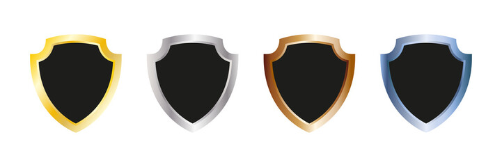 Shield set. Protection guard collection. Golden, silver and copper badge icon group. Vector illustration isolated on white.