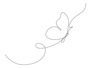 Butterfly flying continuous line art drawing. One line butter fly insect. Vector isolated on white.